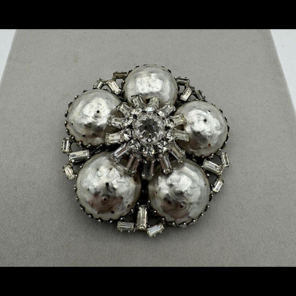 Schreiner New York Signed Faux Pearl Baguette Crystal Brooch